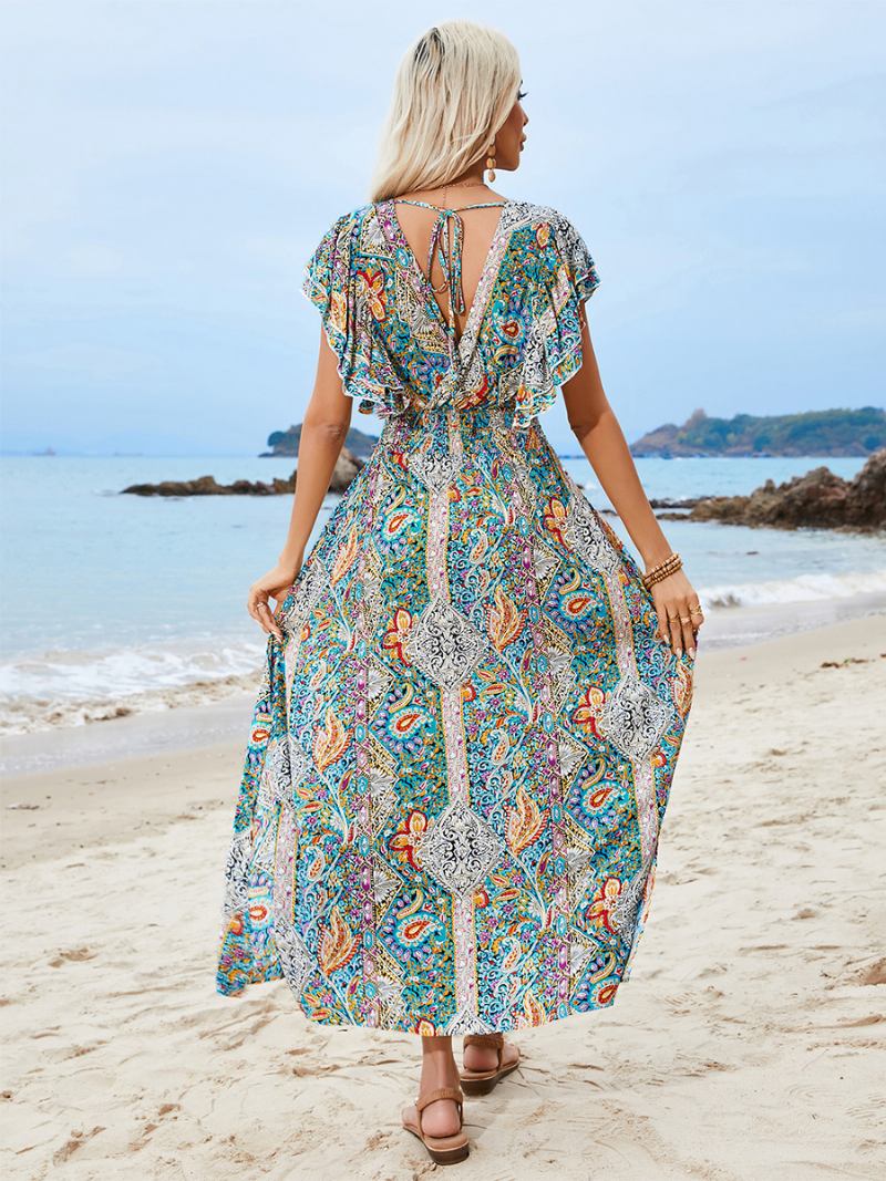Vestido Floral Feminino Vestidos Maxi Estampa Rendas Até Decote Em V Mangas Curtas Sem Costas Boêmio Verão - Cerceta