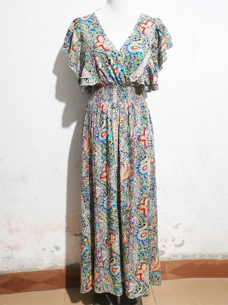 Vestido Floral Feminino Vestidos Maxi Estampa Rendas Até Decote Em V Mangas Curtas Sem Costas Boêmio Verão - Cerceta