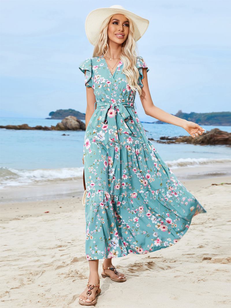 Vestido Floral Feminino Vestidos Maxi Estampa Rendas Até Decote Em V Mangas Curtas Sem Costura Aberta Chique Verão - Cerceta