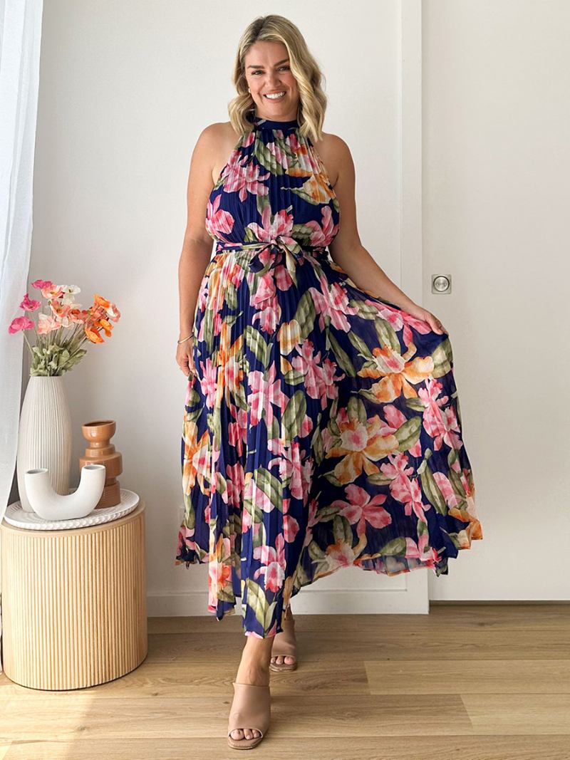 Vestido Frente Única Feminino Estampado Floral Com Cinto Plissado Diário Casual Maxi Vestidos - Azul Marinho