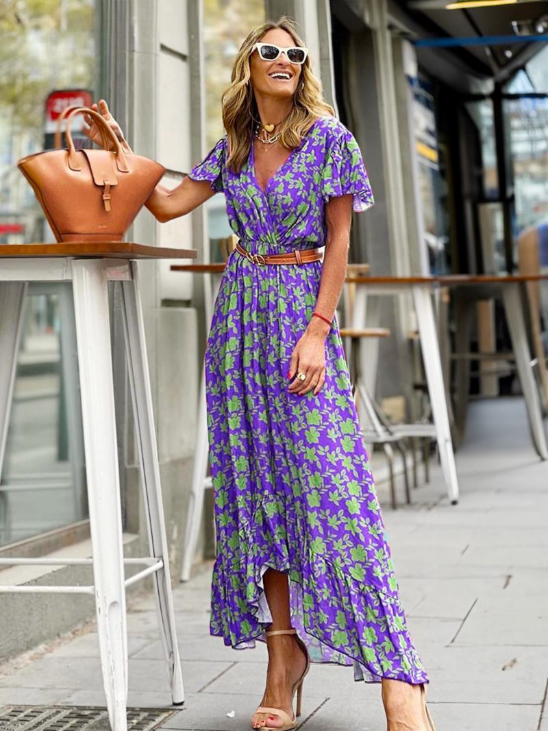 Vestido Maxi Feminino Com Decote Em V Manga Curta Faixa Estampada Longo - Roxo