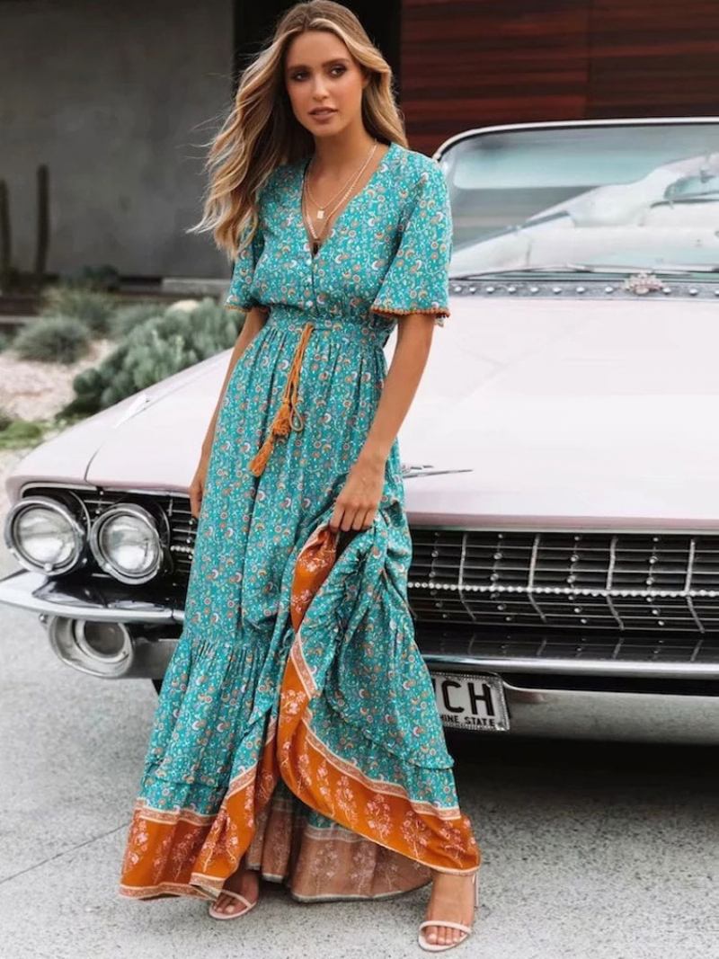 Vestido Maxi Feminino Com Decote Em V Mangas Curtas Longo Estampado - Verde 