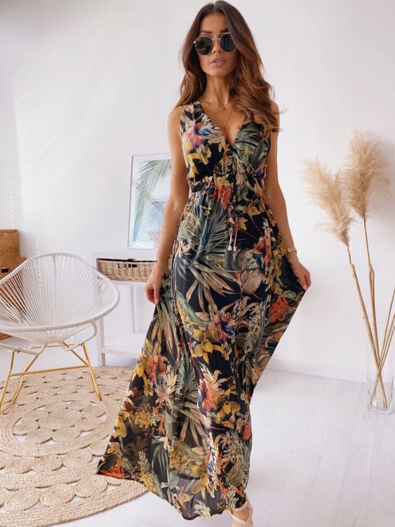 Vestidos Maxi Femininos Sem Mangas Branco Estampado Com Decote Em V Cordão Até O Chão