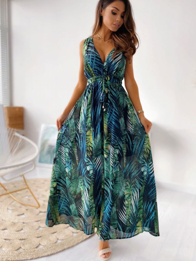 Vestidos Maxi Femininos Sem Mangas Branco Estampado Com Decote Em V Cordão Até O Chão - Verde