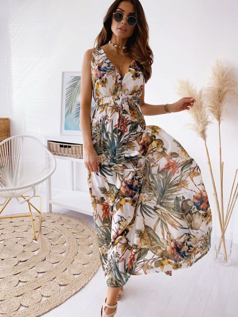 Vestidos Maxi Femininos Sem Mangas Branco Estampado Com Decote Em V Cordão Até O Chão - Branco