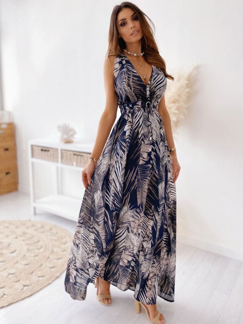 Vestidos Maxi Femininos Sem Mangas Branco Estampado Com Decote Em V Cordão Até O Chão - Azul Cinza
