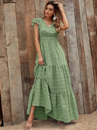 Vestidos Maxi Femininos Verão Azul Decote Em V Babados Estampa Floral Vestido Praia