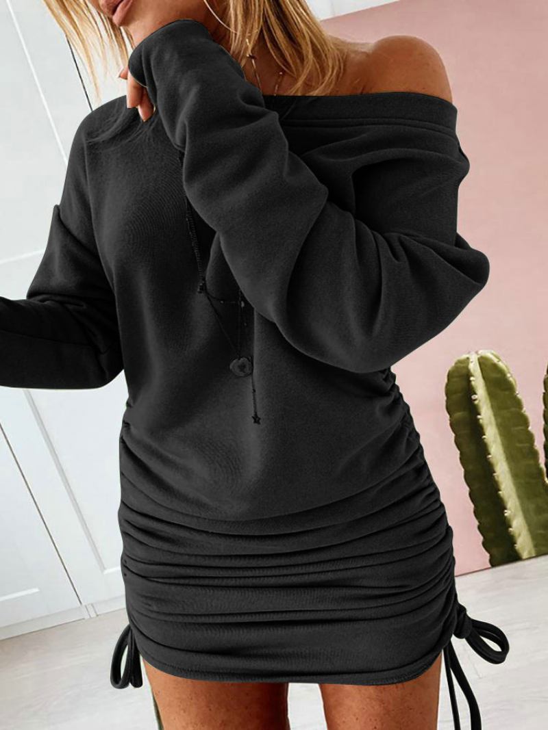 Vestido Bodycon Branco Feminino Mangas Compridas Renda Sexy Gola Redonda Cordão Slim Fit Vestidos Envoltórios Com Bainha - Preto