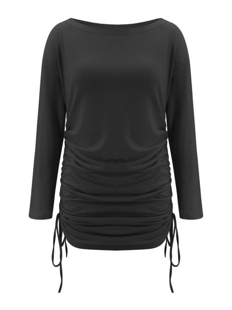 Vestido Bodycon Branco Feminino Mangas Compridas Renda Sexy Gola Redonda Cordão Slim Fit Vestidos Envoltórios Com Bainha - Preto