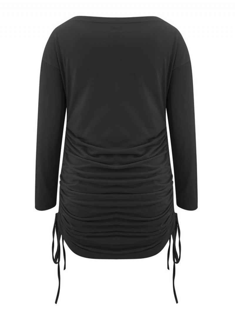 Vestido Bodycon Branco Feminino Mangas Compridas Renda Sexy Gola Redonda Cordão Slim Fit Vestidos Envoltórios Com Bainha - Preto
