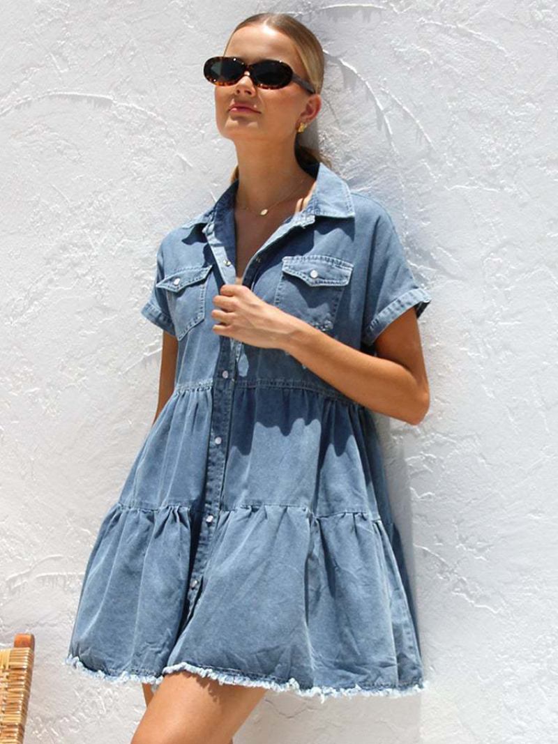 Vestido Curto Azul Feminino Em Camadas Mangas Curtas Botões Bolsos Minivestidos Casuais - Azul
