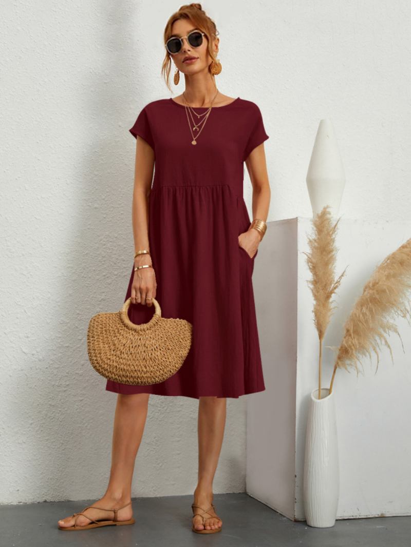 Vestidos Femininos Manga Curta Casual Com Gola Joia Vestido Túnica Verde Caçador - Borgonha