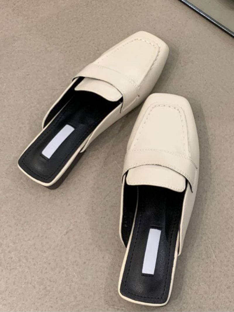 Mocassins Femininos Brancos Mules Com Bico Quadrado Sem Costas - Amarelo Claro