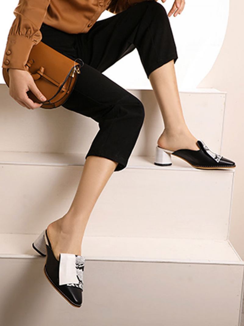 Mules Femininos Salto Alto Pele Cobra Com Bloco Slip-on - Preto