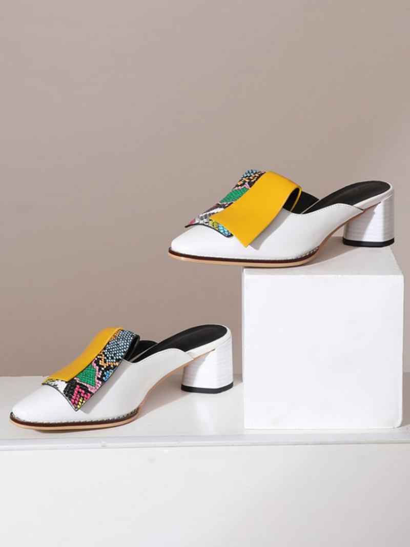 Mules Femininos Salto Alto Pele Cobra Com Bloco Slip-on - Branco