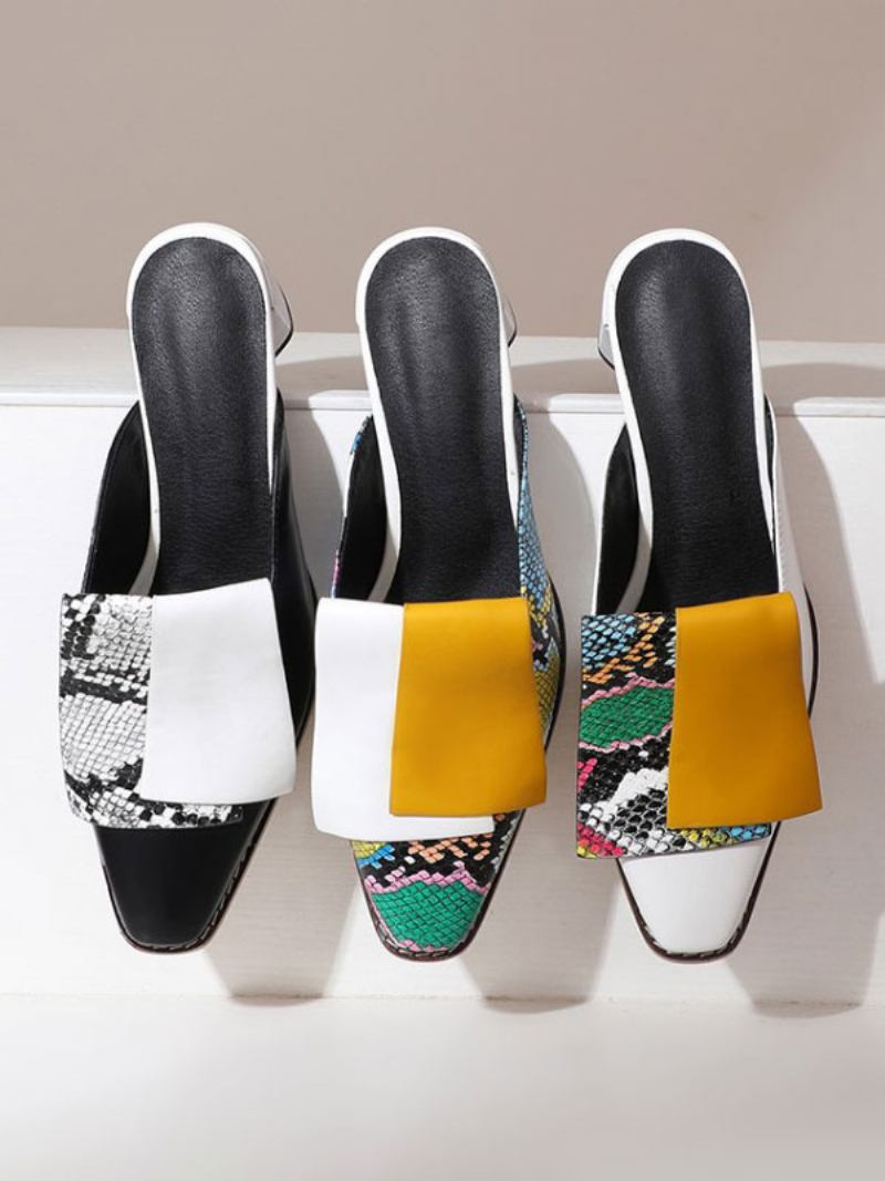 Mules Femininos Salto Alto Pele Cobra Com Bloco Slip-on - Branco