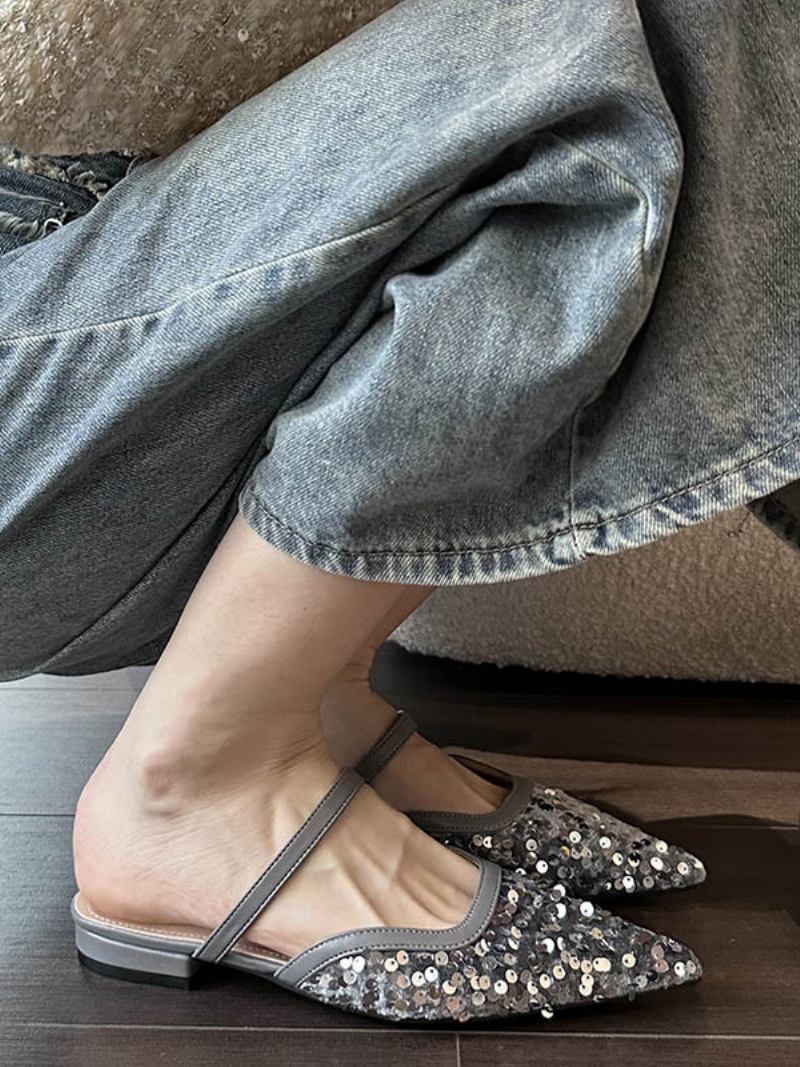 Mules Femininos Tecido Com Lantejoulas E Bico Fino - Cinza