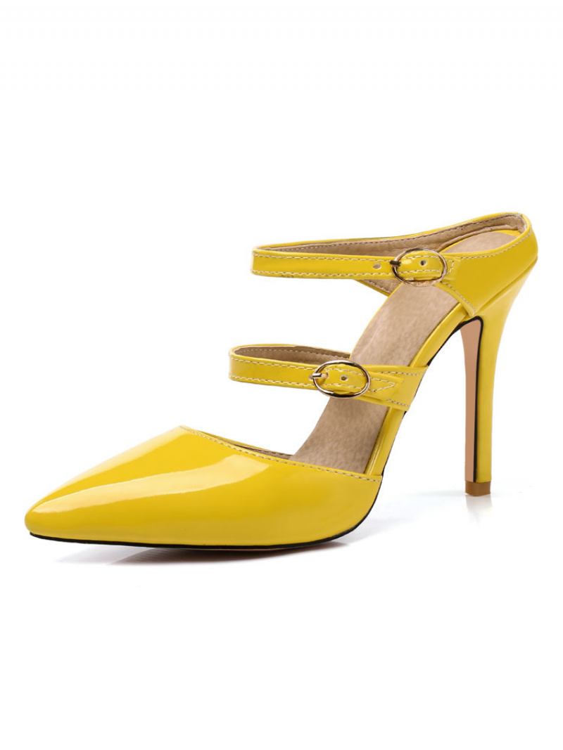 Mulheres Mules Preto Apontou Toe Fivela Detalhe Sapatos Salto Alto - Amarelo