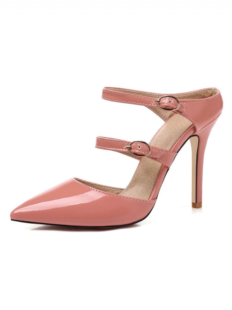 Mulheres Mules Preto Apontou Toe Fivela Detalhe Sapatos Salto Alto - Rosa Blush