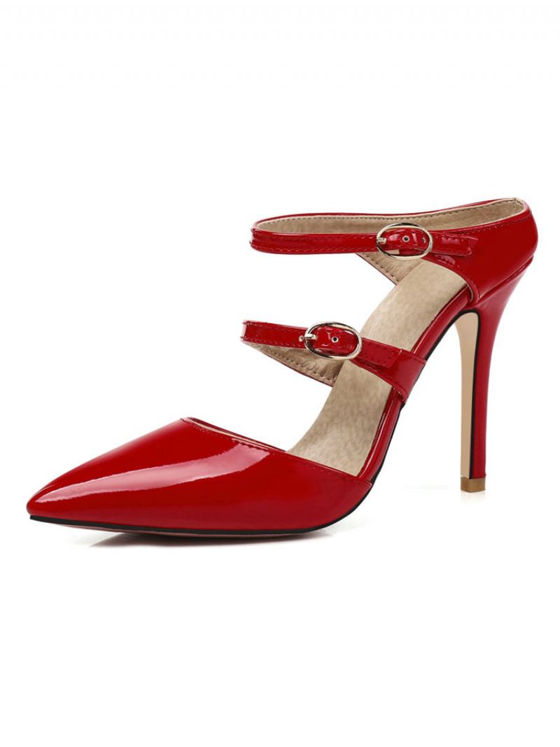 Mulheres Mules Preto Apontou Toe Fivela Detalhe Sapatos Salto Alto - Vermelho