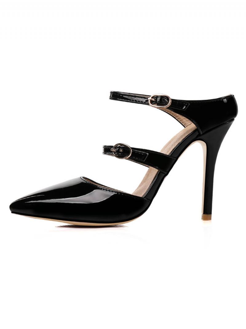 Mulheres Mules Preto Apontou Toe Fivela Detalhe Sapatos Salto Alto - Preto