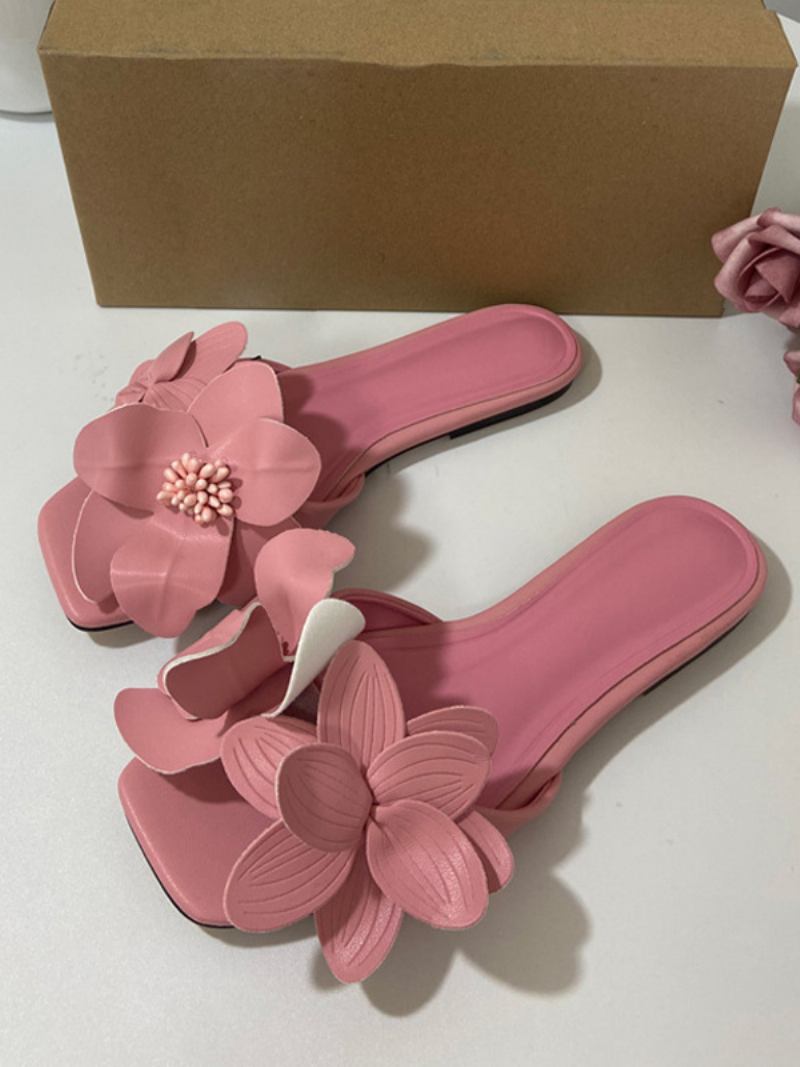 Sandálias Deslizantes Femininas Chiques Flores Microfibra Dedo Aberto Chinelos Salto Gatinho - Rosa