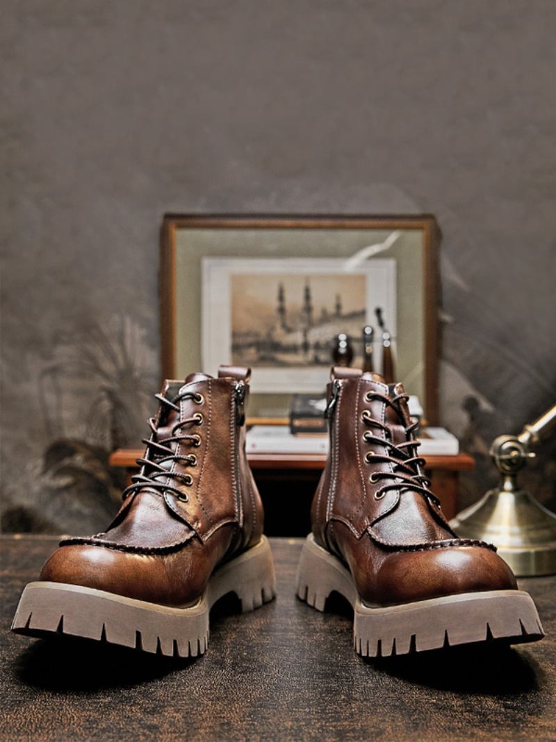 Botas Combate Masculinas Martin Brogue Business Casual Retro Café Marrom Couro Redondo - Café Marrom