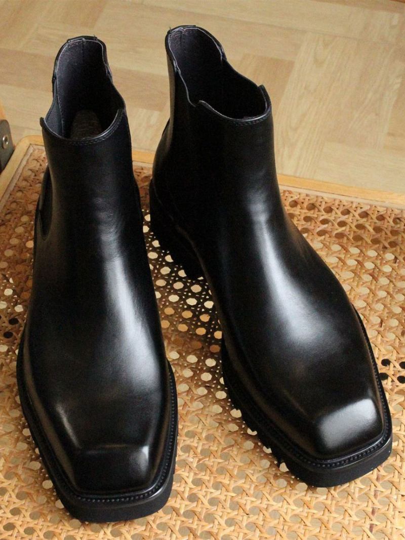 Botas Masculinas Chelsea Couro Preto Com Bico Quadrado E Sapatos Festa Baile - Preto