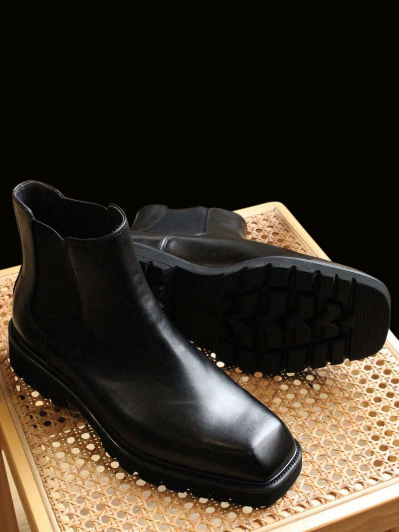 Botas Masculinas Chelsea Couro Preto Com Bico Quadrado E Sapatos Festa Baile - Preto