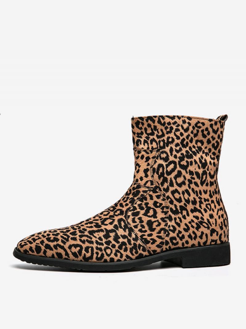Botas Masculinas Chelsea Couro Pu Bico Redondo - Leopardo