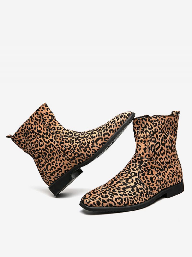 Botas Masculinas Chelsea Couro Pu Bico Redondo - Leopardo