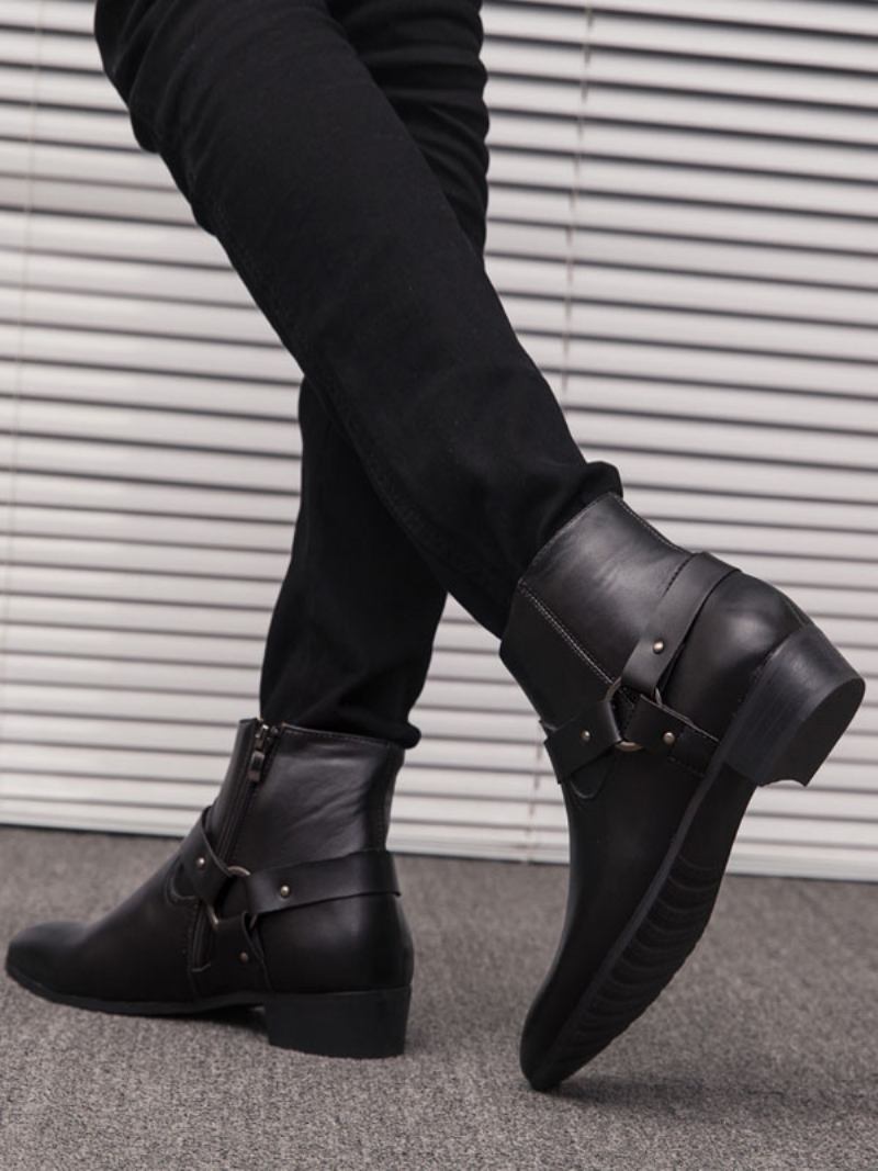 Botas Masculinas Chelsea Couro Pu Preto Com Bico Fino - Preto