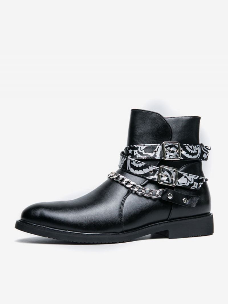 Botas Masculinas Chelsea Couro Pu Preto Jodhpur Correntes - Preto