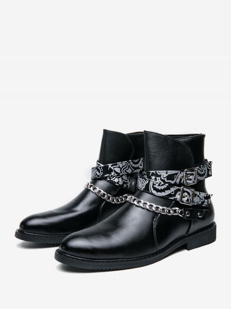 Botas Masculinas Chelsea Couro Pu Preto Jodhpur Correntes - Preto