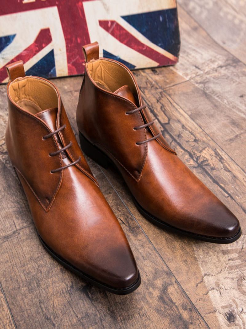 Botas Masculinas Chukka Couro Pu Bico Fino - Café Marrom