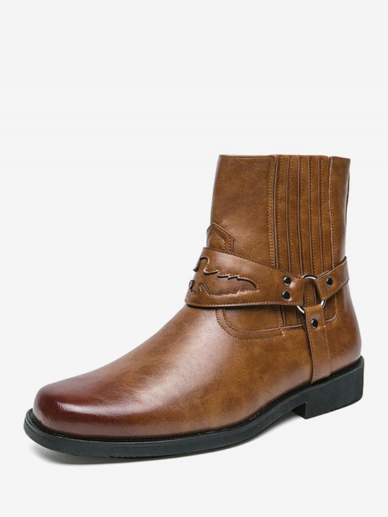 Botas Masculinas Cowboy Amarelo Couro Pu Bico Redondo Bordado - Amarelo