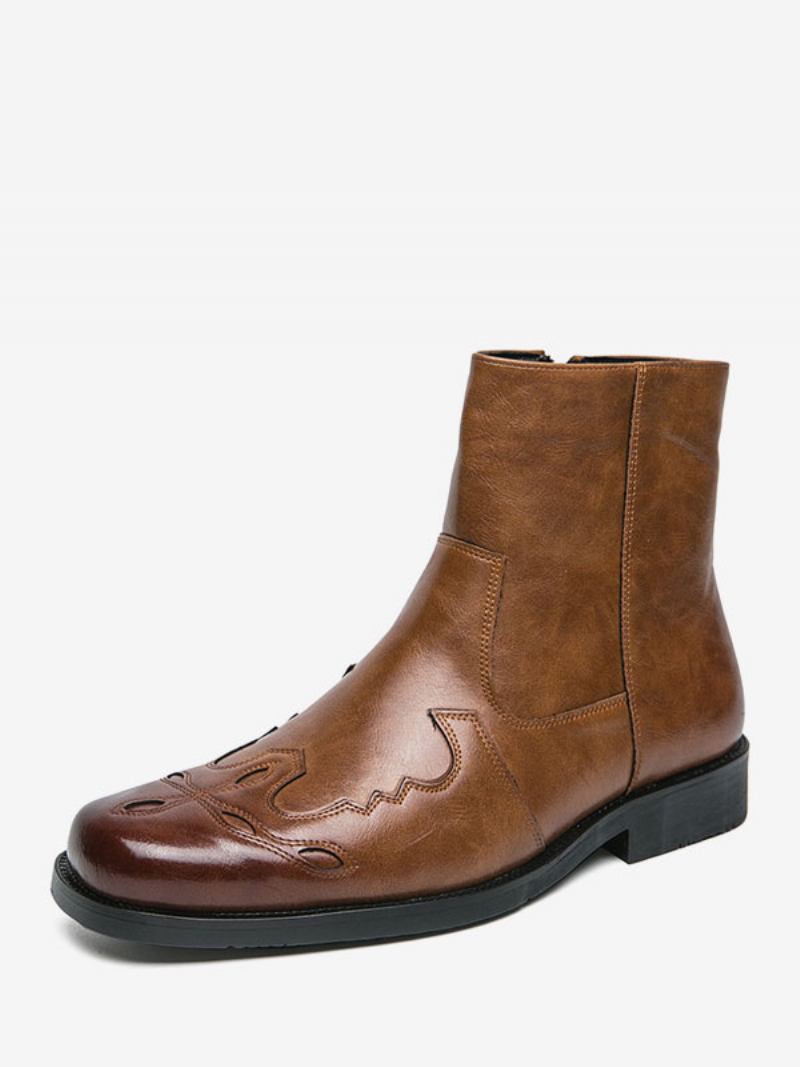 Botas Masculinas Cowboy Pretas Couro Pu Bico Redondo Bordado - Amarelo