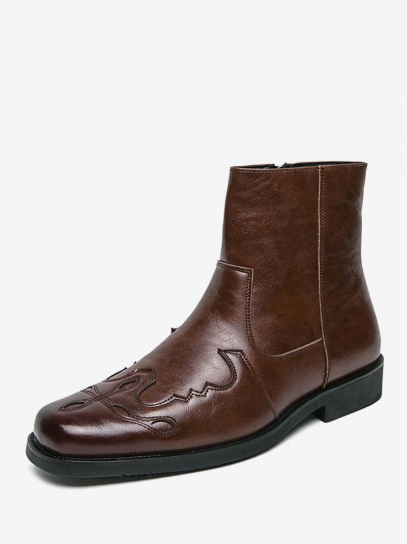 Botas Masculinas Cowboy Pretas Couro Pu Bico Redondo Bordado - Castanho Café