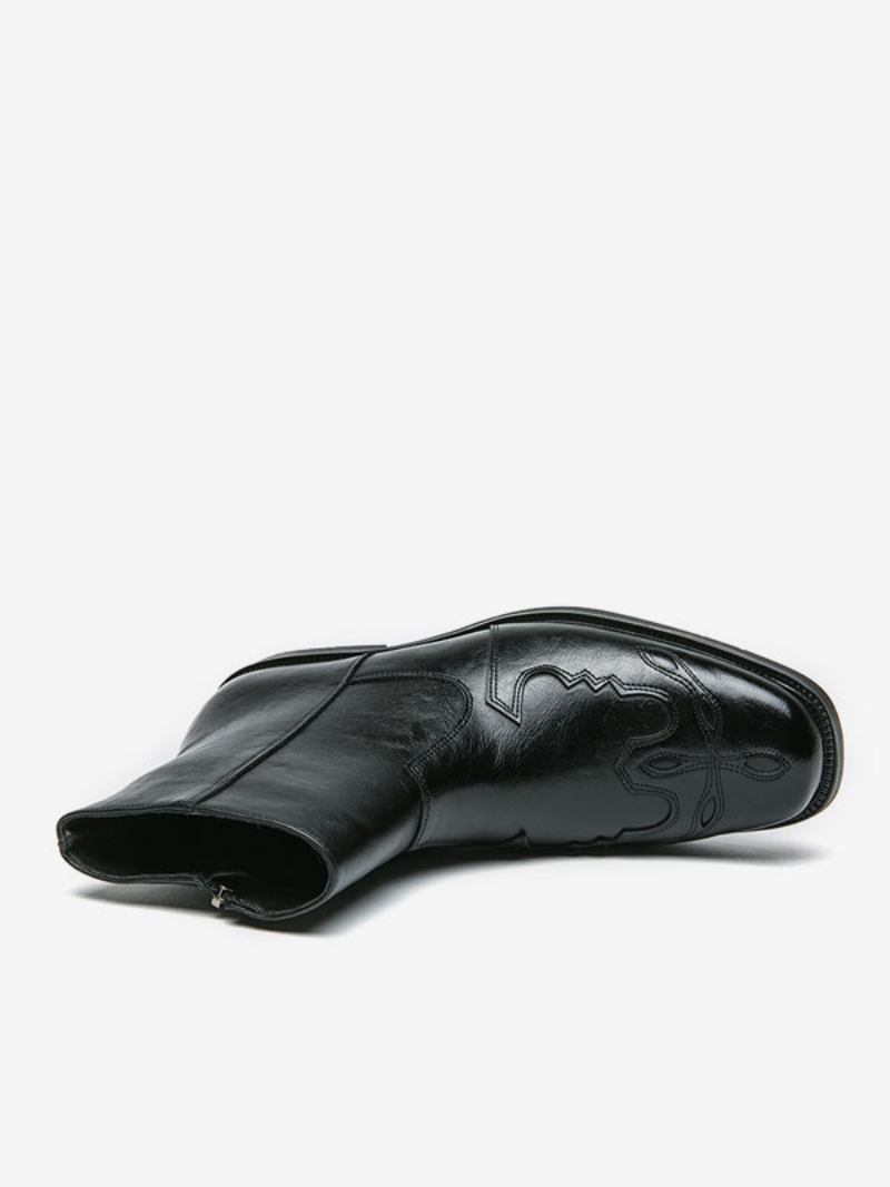 Botas Masculinas Cowboy Pretas Couro Pu Bico Redondo Bordado - Preto