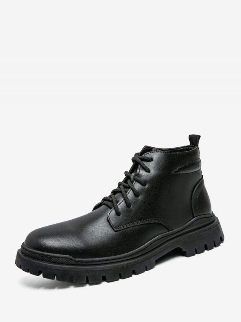 Botas Masculinas Pretas Com Bico Redondo E Combate Cadarço