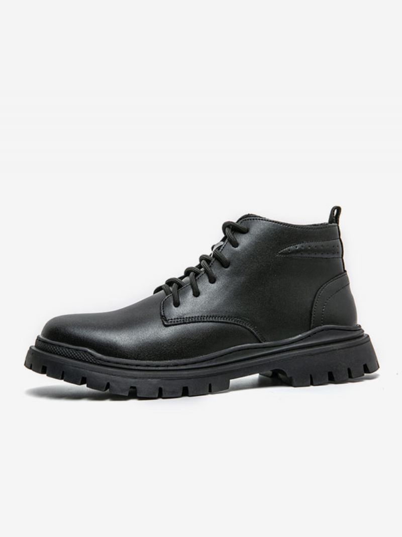 Botas Masculinas Pretas Com Bico Redondo E Combate Cadarço - Preto