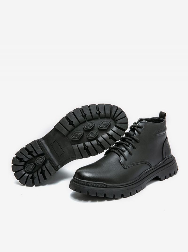 Botas Masculinas Pretas Com Bico Redondo E Combate Cadarço - Preto