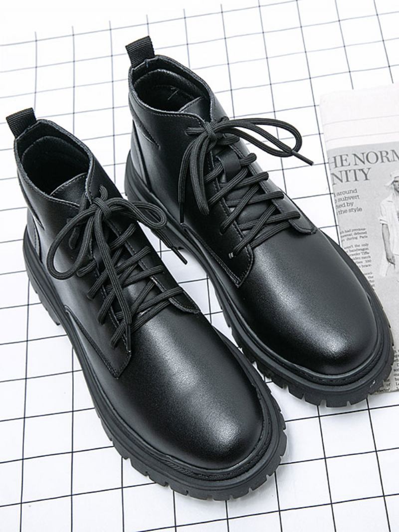 Botas Masculinas Pretas Com Bico Redondo E Combate Cadarço - Preto
