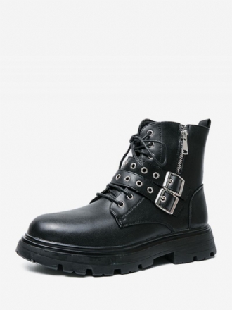 Botas Trabalho Masculinas Combate Couro Pu Preto Com Bico Redondo