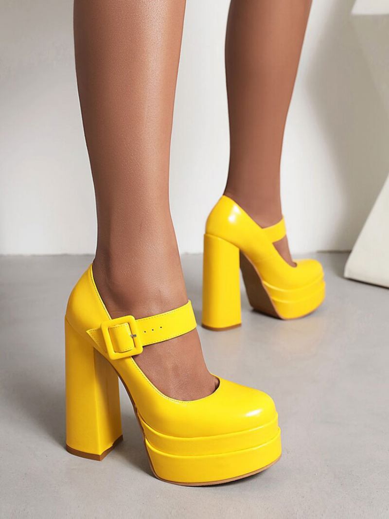 Bombas Femininas Couro Pu Com Plataforma Salto Alto E - Amarelo
