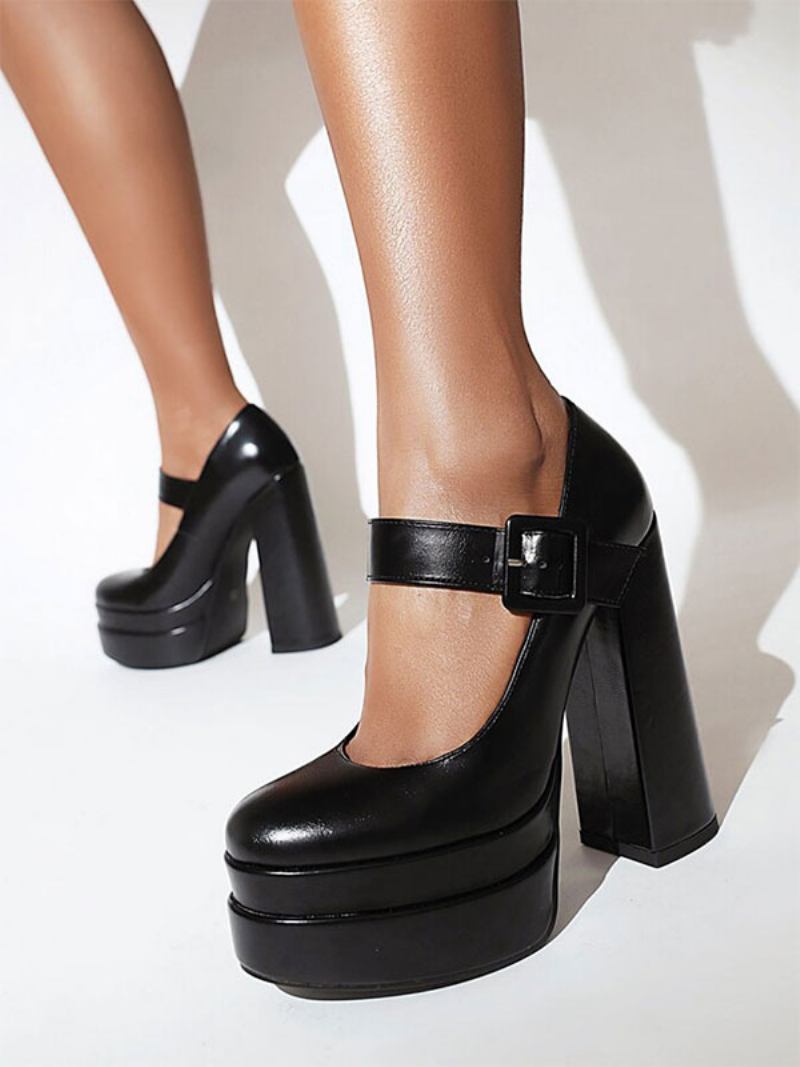 Bombas Femininas Couro Pu Com Plataforma Salto Alto E - Preto