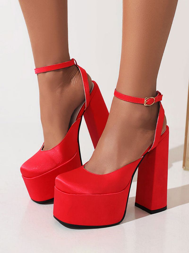 Bombas Femininas Salto Alto Com Plataforma Cetim E Grosso Tira No Tornozelo - Vermelho
