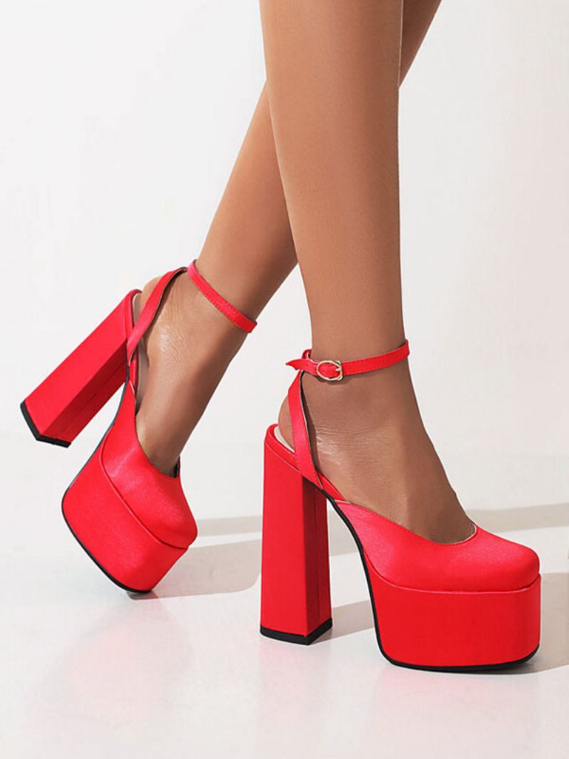 Bombas Femininas Salto Alto Com Plataforma Cetim E Grosso Tira No Tornozelo - Vermelho