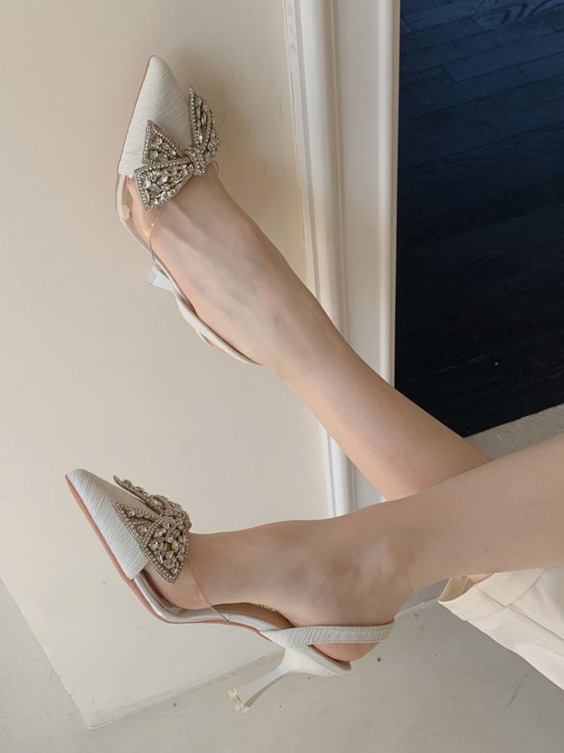 Bombas Femininas Salto Gatinho Preto Bico Fino Strass Arco Estilingue Sapatos Festa - Bege