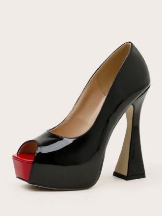 Bombas Femininas Salto Grosso Com Plataforma Peep Toe Pretas